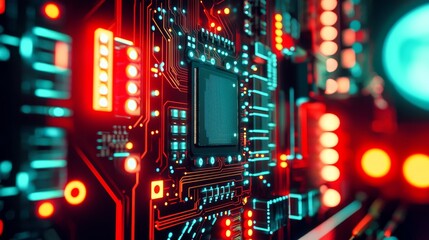 A modern printed circuit board assembly (PCBA) featuring a diverse array of electronic components, wires, and microchips, lit up against a dark backdrop, highlighting advanced technology and