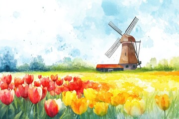 Poster - Experience vibrant spring colors in tulip fields with a charming windmill backdrop. Generative AI