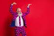 © deagreez - Portrait of his he nice attractive cheerful cheery cool modern trendy gray-haired guy hipster dancing having fun time chill out theme party isolated on bright vivid shine vibrant red color background