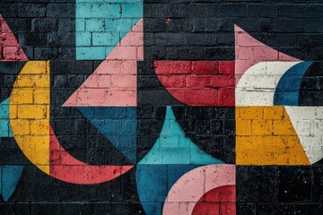 Wall Mural - Colorful geometric mural painted on a dark brick wall