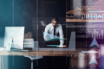 Wall Mural - man, programming and digital overlay in studio for software update, system login and coding server. 