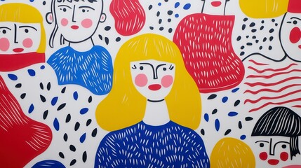 Poster - Colorful abstract pattern with multiple stylized faces. Faces are depicted in various colors and have simple features. The pattern includes red