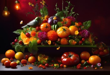 Wall Mural - dramatic floating food arrangement bold backdrop showcasing colorful ingredients artistic presentation, vibrant, style, dish, culinary, visual, showcase