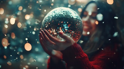 Sticker - Blurred happy girl blowing confetti holding vintage disco ball - Defocused photo