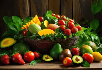 Wall Mural - vibrant close display colorful nutrient rich food arrangements featuring fresh fruits vegetables, aesthetic, appetizing, assembly, bowl, cuisine, design