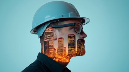 Wall Mural - Side view of a person wearing a gray safety helmet and glasses, cityscape graphic superimposed on their face and beard. The cityscape is highlighted