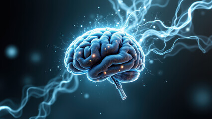 Wall Mural - Illustration of an artificial intelligence's human-like brain with glowing blue energy pathways.