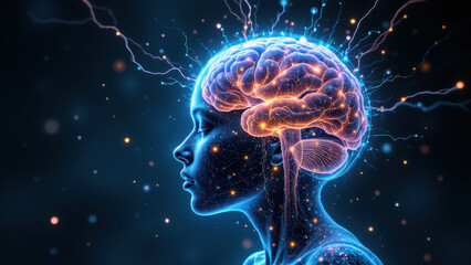 Wall Mural - This image features an artistic depiction of human cognition merging with artificial intelligence.