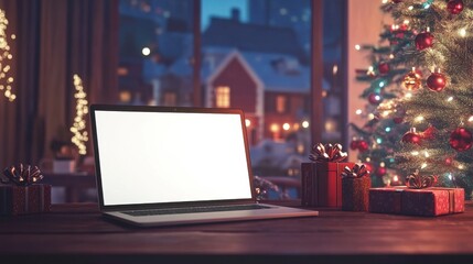 Wall Mural - Laptop computer with white blank empty mock up screen on Merry Christmas table with presents gifts, decorated Xmas tree in Santa house background. Ecommerce website online shopping delivery ads.