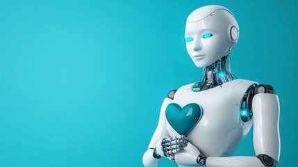 Wall Mural - A white robot with glowing blue eyes holds a dark blue heart in its hands against a light teal background. The robot's metallic, detailed