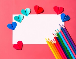 Tarjeta Felicitacion, en forma de marco con Corazones realizados en papel, lapices de colores, Concepto amor