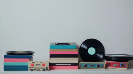 Aufkleber - Colorful stack of vinyl records and retro cassettes showcasing vibrant K pop inspired designs. Generative AI