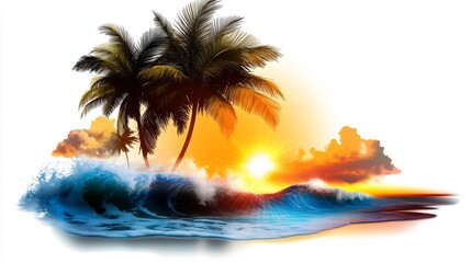 Wall Mural - Tropical island paradise at sunset with palm trees and ocean waves