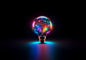 Aufkleber - Illuminated light bulb on dark surface glows with vibrant circuit-like patterns inside. Reflections below enhance the bright, colorful, and technological feel.