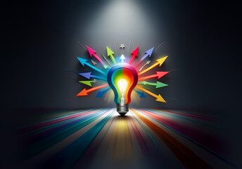 Aufkleber - A vibrant light bulb radiates colorful arrows, symbolizing ideas and innovation. Creative solutions emerge from a central concept, illuminating a dark backdrop with bright potential.