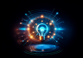Poster - A luminous light bulb is the focal point, encircled by digital rings and lines, set against a stark black background. It evokes a sense of innovation and technological advancement.
