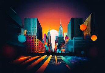 Poster - Vibrant cityscape at dusk with towering buildings silhouetted against a colorful gradient sky. Geometric shapes and reflective surfaces create a modern, abstract scene.