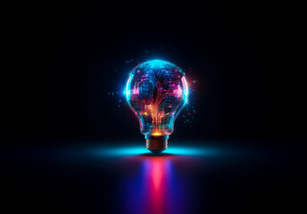 Poster - A luminous lightbulb emits vibrant, abstract colors from within, set against a stark black background, creating a captivating contrast.