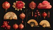 © Johannes - Chinese new year elements. Golden asian traditional pattern, cloud and decorative flower. Oriental lanterns, bamboo stem and fan set