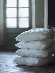 Wall Mural - Stack of fluffy white pillows against a wall, suggesting a cozy bedroom.