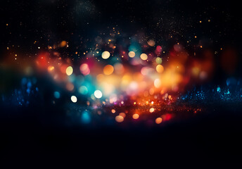 Aufkleber - Abstract bokeh background of vibrant, out-of-focus lights.  A dark backdrop enhances the colorful orbs, creating a magical and dreamy atmosphere.