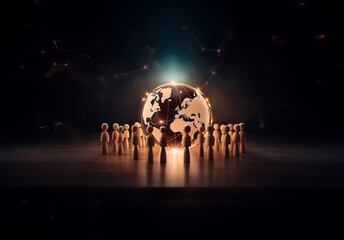 Poster - Illuminated figures encircle a glowing globe, symbolizing global unity and connection. Warm light highlights the scene against a dark backdrop with abstract connections.