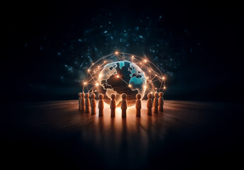 Fototapete - A glowing globe encircled by interconnected figures stands against a dark, starry backdrop, symbolizing global networks and futuristic digital communication.