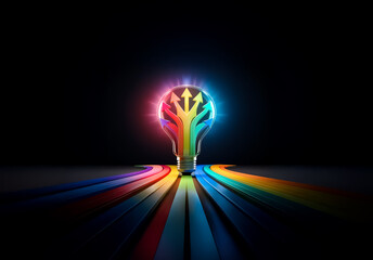 Aufkleber - A vibrant light bulb with rainbow arrows radiates colorful paths in a dark space. Arrows within the bulb suggest ideas spreading in different directions.