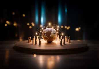 Poster - Wooden figures surround a globe placed on a circular stage. Soft, glowing lights illuminate the scene against a dark backdrop, symbolizing global connection.