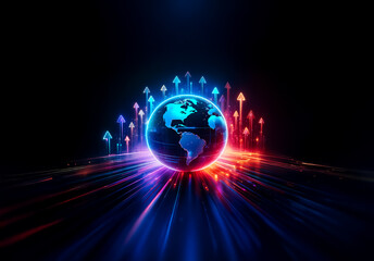 Aufkleber - Glowing globe surrounded by upward arrows and vibrant light streaks against a dark backdrop.  Suggests global growth, technological advancement, and forward direction in a digital age.