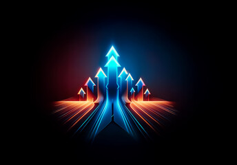 Aufkleber - Dynamic display of illuminated arrows in vibrant blue and orange, ascending together against a dark backdrop, symbolizing forward movement and advancement.