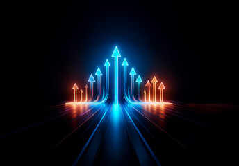Fototapete - Glowing arrows in blue and orange ascend against a dark background.  Lines of light extend creating motion and direction for a futuristic and dynamic feel.