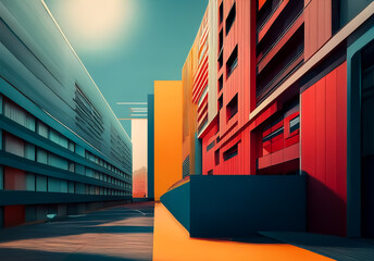 Fototapete - A vibrant city street view with tall, modern buildings in bold, geometric designs. Bright sunlight illuminates the colorful facades creating a dynamic urban scene.