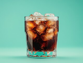 Wall Mural - Soda pop with ice cubes, in a glass on a pale green background.