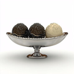 Canvas Print - Three chocolate truffles, decorated with silver sprinkles, sit in a shiny, ornate silver bowl against a white background.