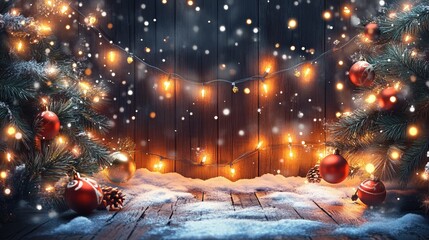 Wall Mural - christmas lights on wooden background