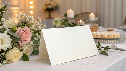 Paper Table Card Horizontal. Wedding Table Setting with Flowers.	
