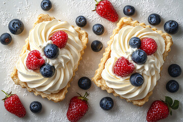 Sticker - Berry tarts topped with cream and scattered fresh blueberries and strawberries on a powdered surface.