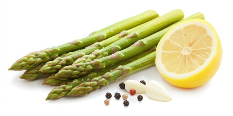 Poster - Fresh asparagus with lemon and spices on a white background.