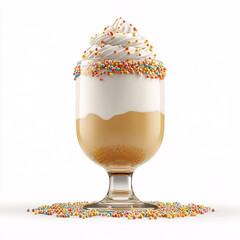 Poster - Dessert in a glass with layers, topped with whipped cream and colorful sprinkles, some spilled around.