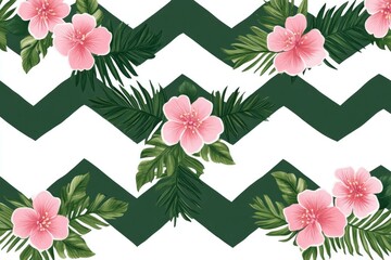 Canvas Print - Tropical floral pattern with pink hibiscus flowers and green leaves on a zigzag background, perfect for summer designs and products