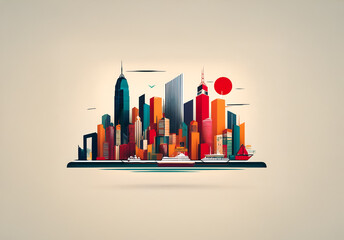 Poster - Vibrant, stylized cityscape illustration. Colorful tall skyscrapers rise above water with boats. Bright red sun sets or rises in the background. Modern design.