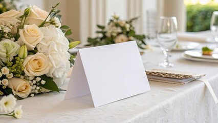 Paper Table Card Horizontal. Wedding Table Setting with Flowers.	
