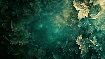 Wall Mural - Elegant gold leaf swirls softly illuminate a deep teal textured background. AI Generated