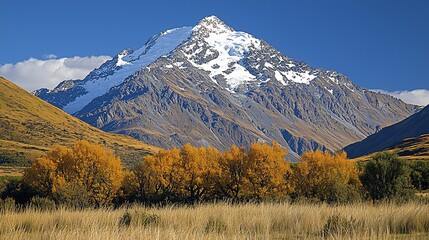 Sticker - Autumnal valley with snow-capped mountain, New Zealand