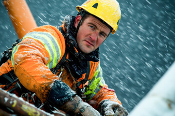 maintenance worker in orange jacket and yellow helmet works in snowy conditions, showcasing determin