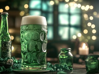 Wall Mural - A cold glass of green beer with a frothy head, set on a table with candles, suggesting a St. Patrick's Day or Irish celebration atmosphere.