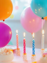 Poster - Colorful birthday celebration with vibrant balloons and glowing candles on a festive table setting. Generative AI