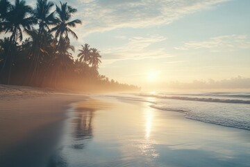 Fototapete - Sunrise over a tranquil beach with palm trees reflecting on the gentle waves. Generative AI