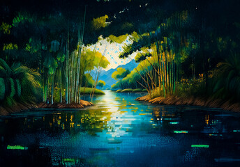 Poster - A serene Chinese landscape painting shows a calm river surrounded by dense green trees under a bright sky, creating a peaceful and picturesque scene.